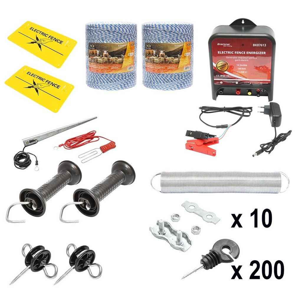 Kit complet gard electric 12/220V, 14 Joule lungime fir 2000m, 200 izolatori si placute avertizare