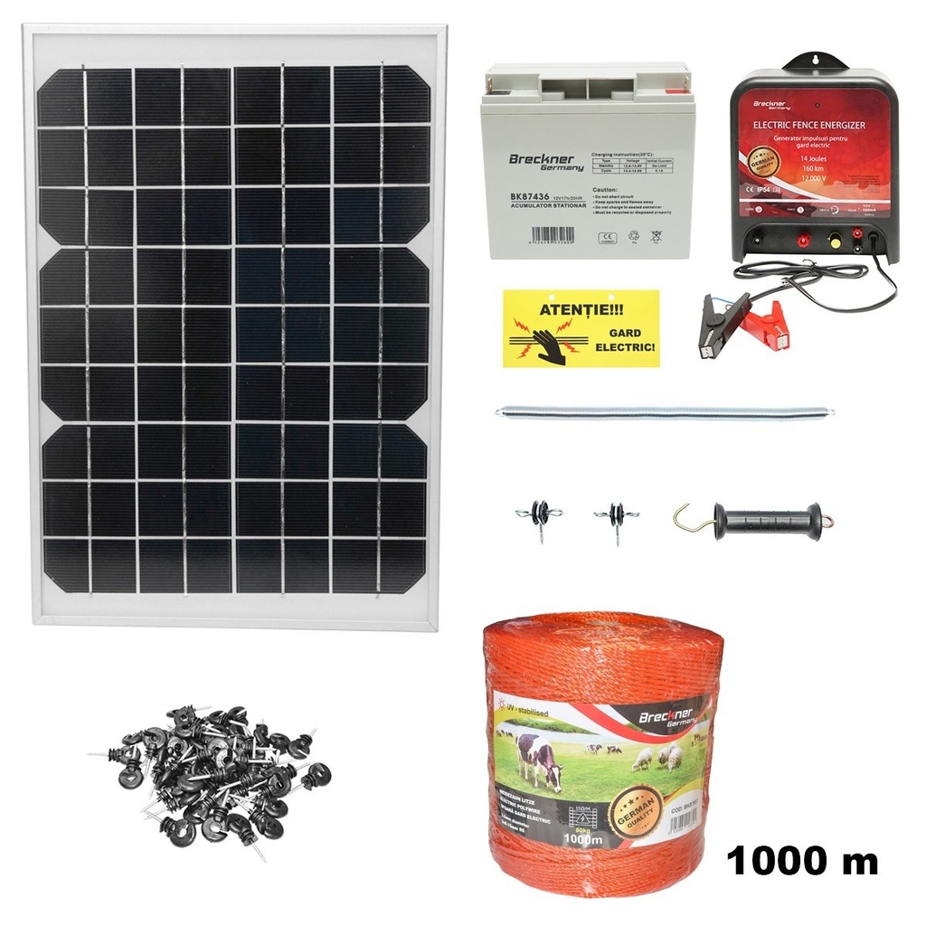 Kit complet gard electric 12V 14 Joule cu panou solar 20W lungime fir 1000m, 100 izolatori, kit poarta si baterie 1x12V/17Ah