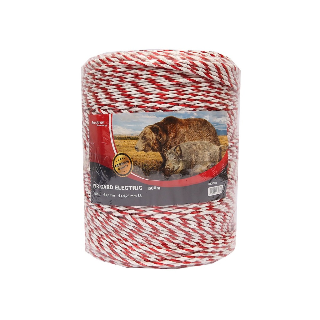 Rola fir alb-rosu fi 3.8mm insertie metalica 4x0.28mm SS, 500m gard electric