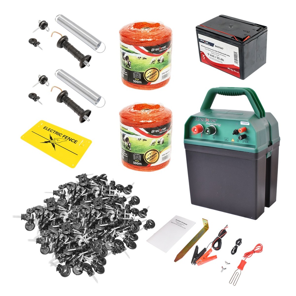 Kit complet gard electric 9/12V 0,21 Joule, lungime fir 1000m, 200 izolatori, kit poarta, placuta avertizare, baterie uscată (nereincarcabila) 9V / 55Ah