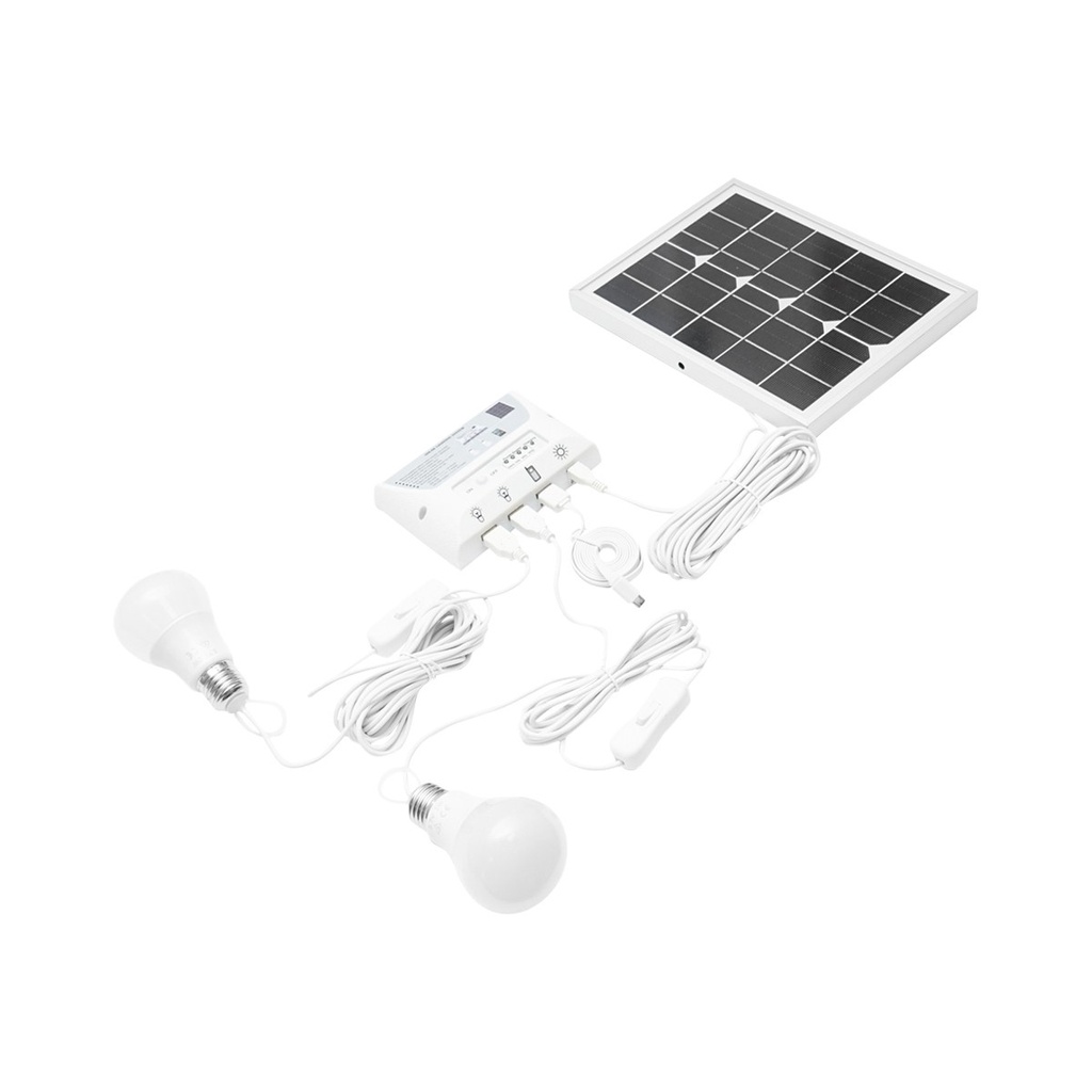 Sistem pentru iluminat cu 2 becuri, panou solar 5V/5,5W si 1xUSB incarcare telefon