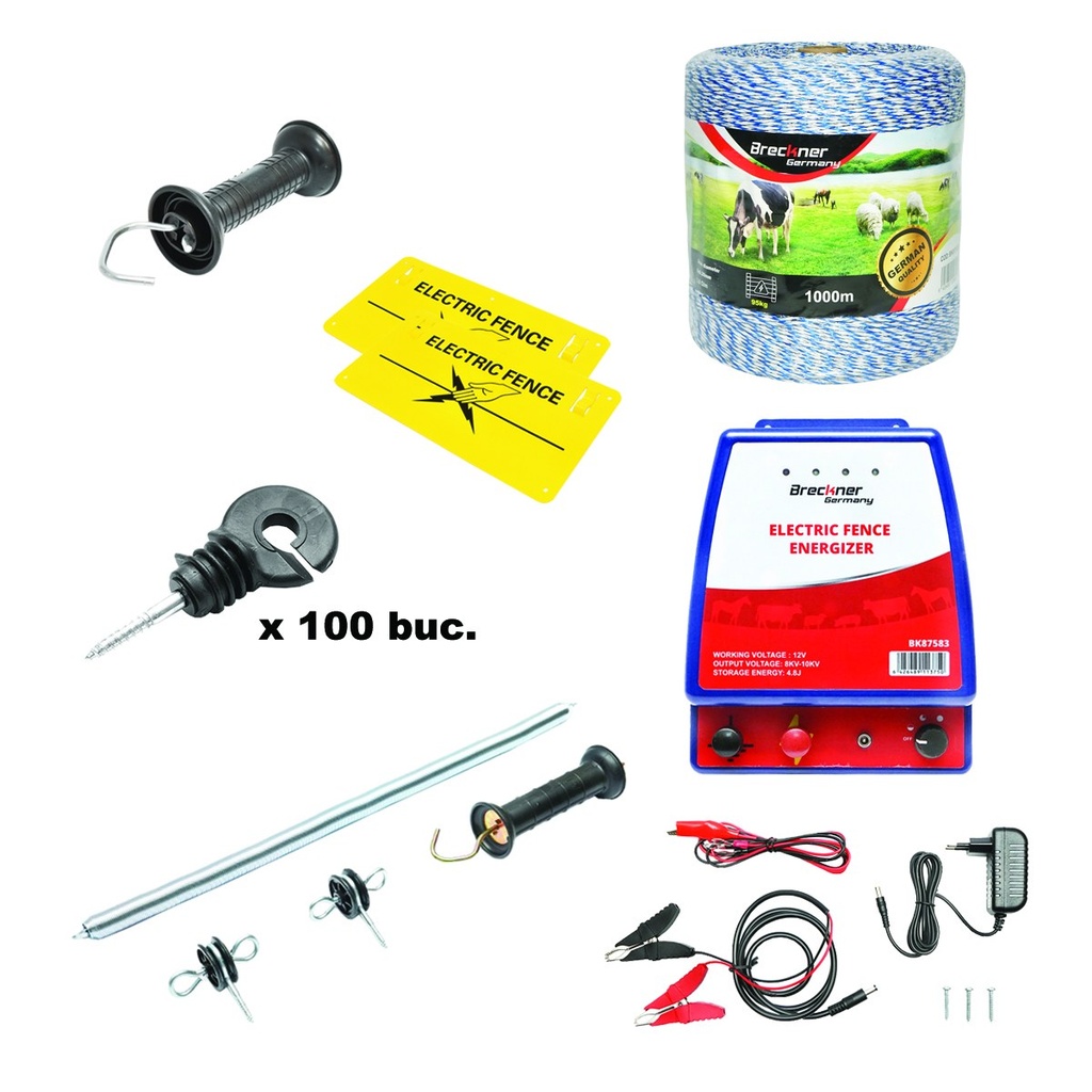 Kit complet gard electric 12/220V, 12 Joule, lungime fir 1000m, 100 izolatori, maner, poarta si 2 placute avertizare