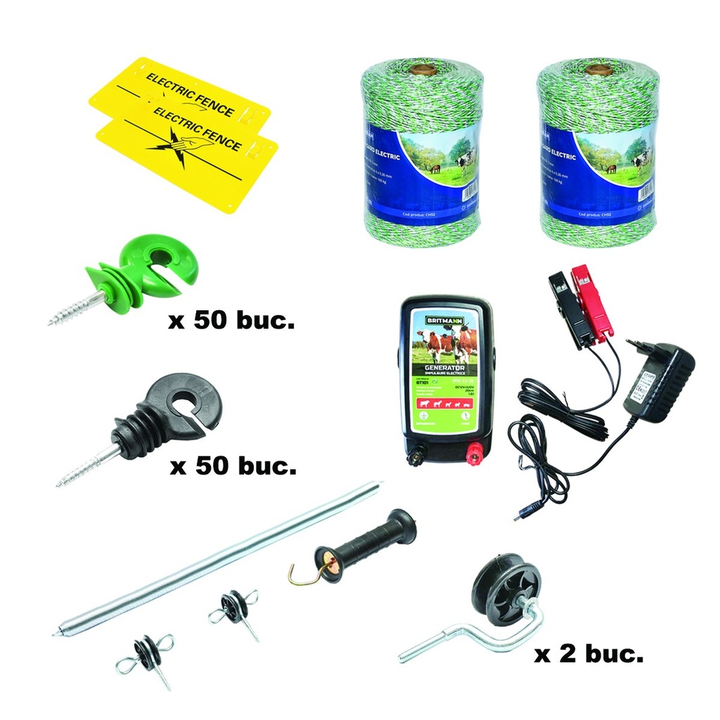 Kit complet gard electric 12/220V, 1.8 Joule, lungime fir 2x500m, 100 izolatori, maner, poarta si 2 placute avertizare