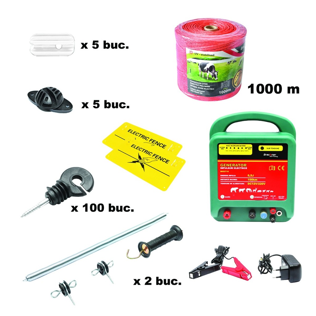 Kit complet gard electric 12/220V, 6.5 Joule, lungime fir 1000m, 100 izolatori, maner, poarta si 2 placute avertizare
