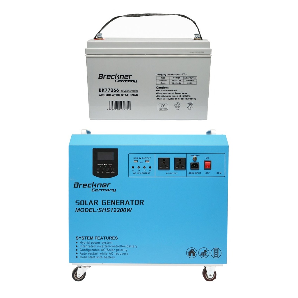 Invertor solar 800W PWM 12V, 50A echipat cu baterie stationara 12V/85Ah, mobil cu controler