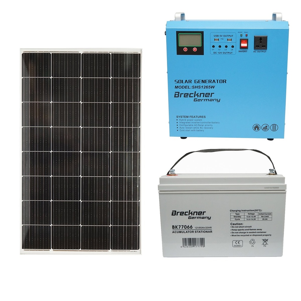 Kit sistem solar fotovoltaic cu baterie de stocare 1x12V/65AH. Invertor PMW 500W. Panou solar 200W