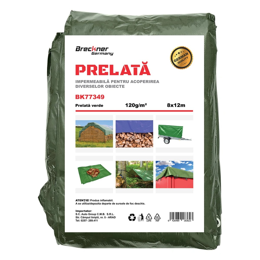 Prelata cu ochiuri de prindere 120g/m2 verde 8x12m