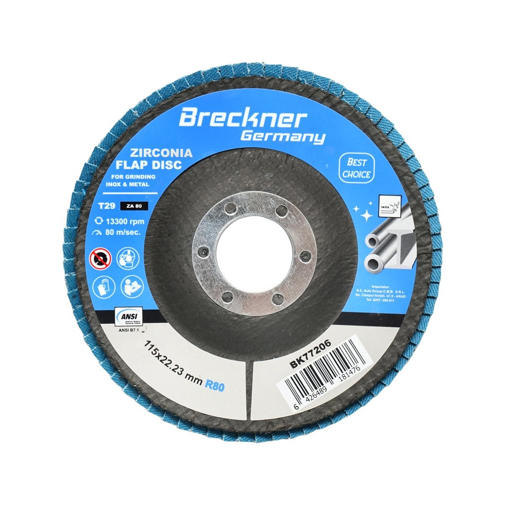 Disc lamelar abraziv cu zirconiu pentru taiat si polizat metal, inox P80, 115mm