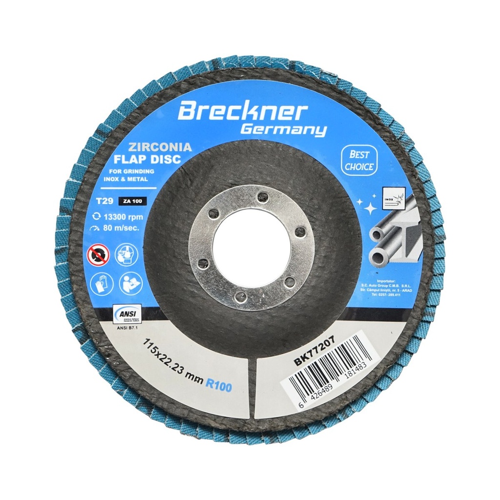 Disc lamelar abraziv cu zirconiu pentru polizat metal, inox P100, 115mm