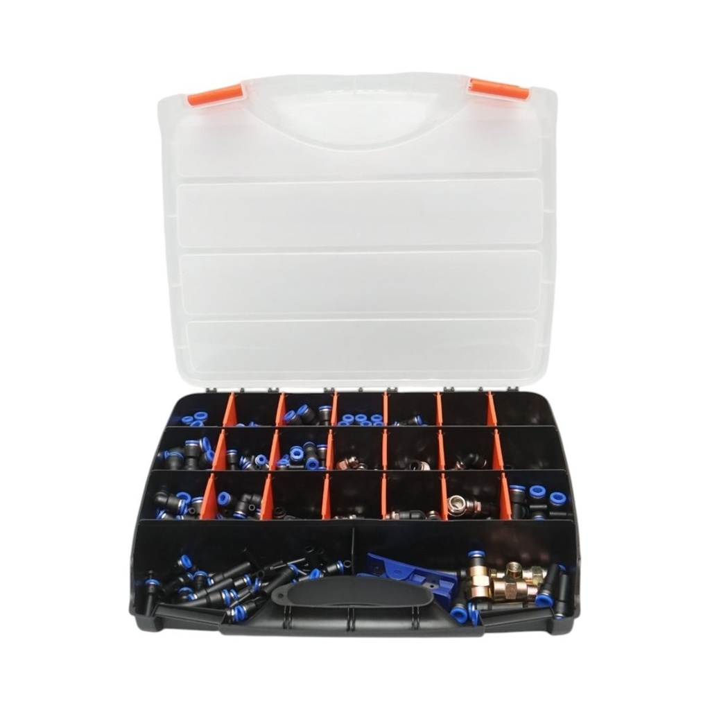 Trusa 242 piese: cleste taiat furtun polyamida, conectori, cuple rapide, mufe furtun aer comprimat