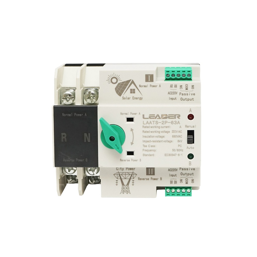 Comutator ATS 220V monofazat, separator automat de la panouri fotovoltaice la retea ATS-2P-63A Leader