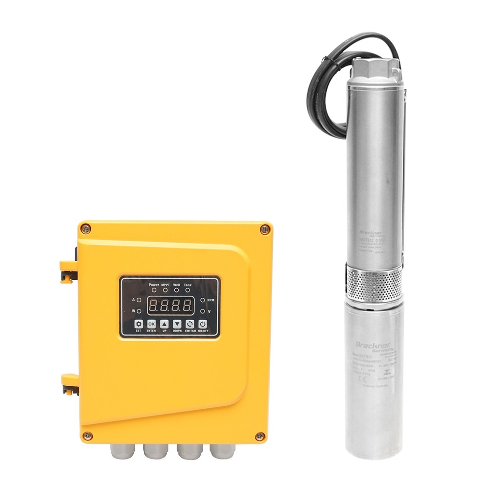 Pompa apa submersibila 300W, 24V debit 2.4m3/h, D75mm cu controller pentru panou solar fotovoltaic