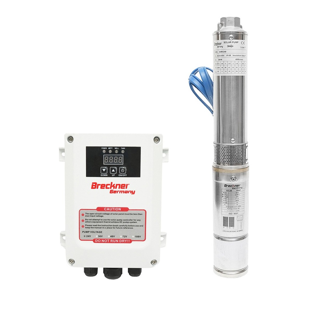 Pompa apa submersibila 300W, 24V debit 3.5m3/h, D75mm cu controller pentru panou solar fotovoltaic