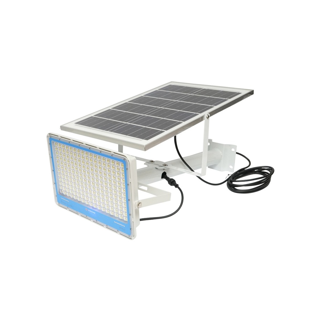Proiector LED 400W, 6500K cu panou solar 28W telecomanda si baterie 40Ah