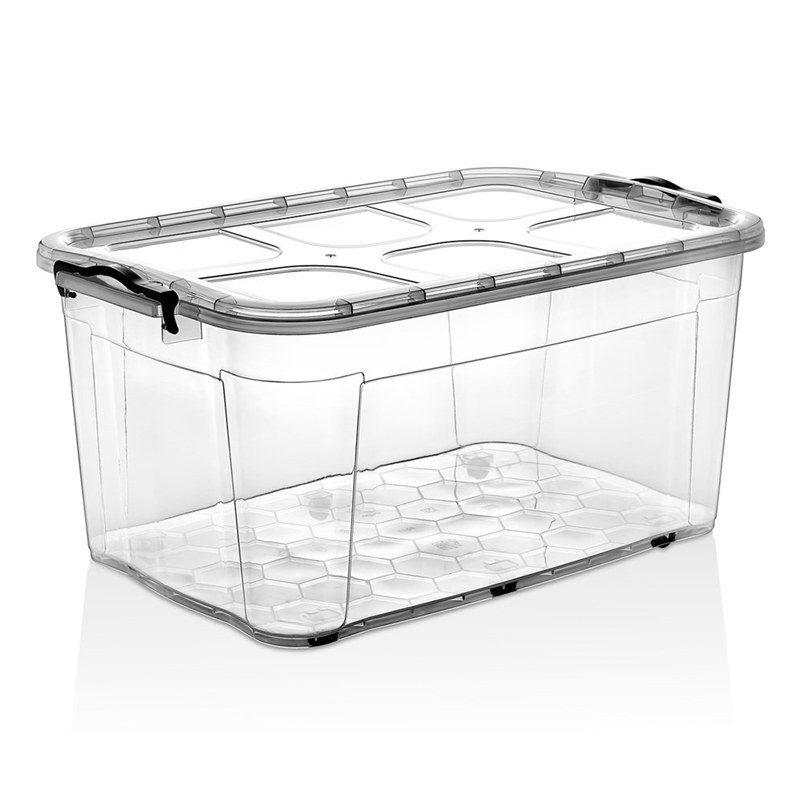 Cutie depozitare 80L cu capac si roti din plastic transparenta 478x750x370mm