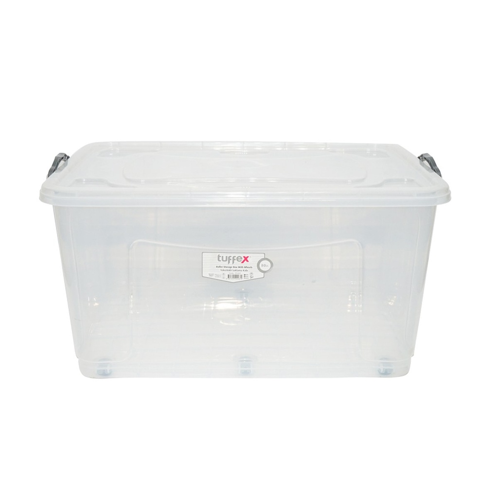 Cutie depozitare 80L cu capac si roti din plastic transparenta 725x470x360mm