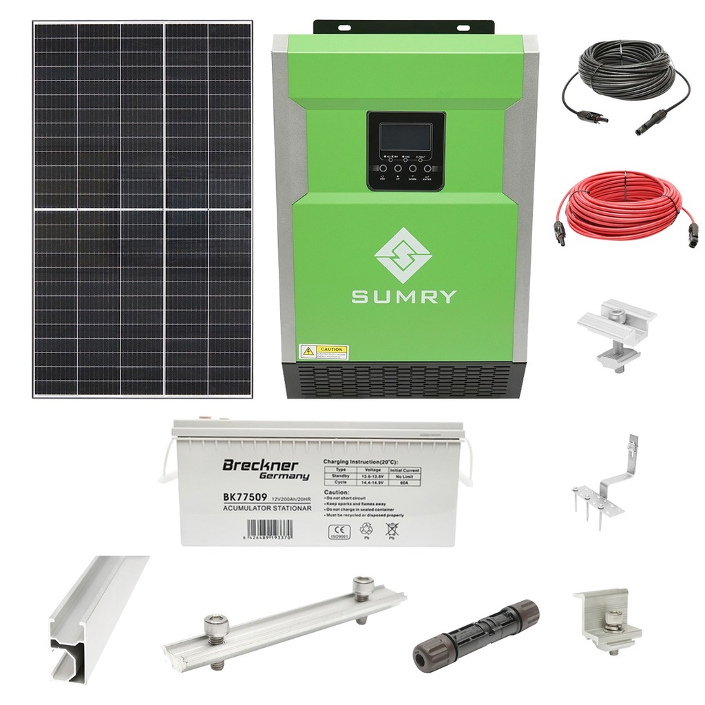 Sistem solar fotovoltaic cu invertor 5.5KW 220V OFF-Grid Hibrid 127A si baterii 200AH