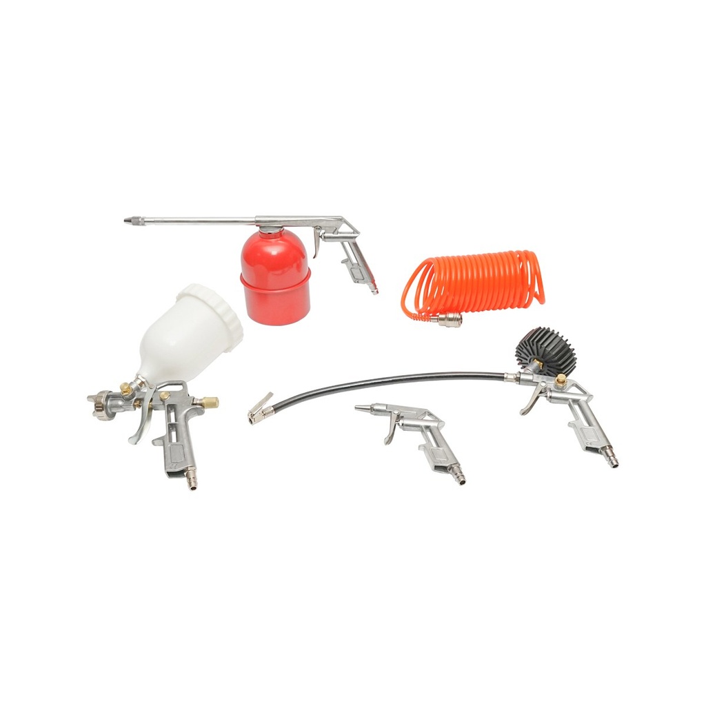 Set 5 piese aer comprimat cu furtun spiralat 5m, pistol spalat, vopsit, umflat si suflat aer