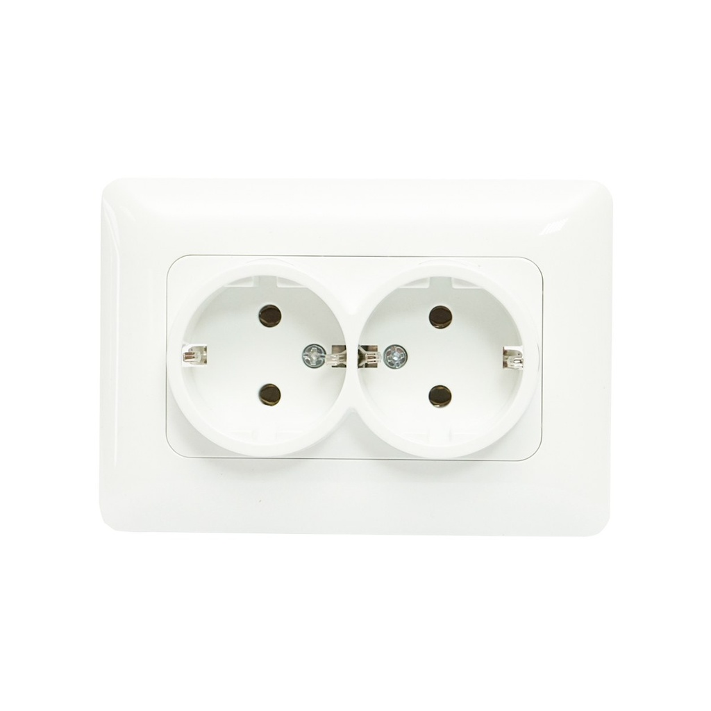 Priza Schuko dubla cu impamantare alba ST 220V - 250V, 16A incastrat