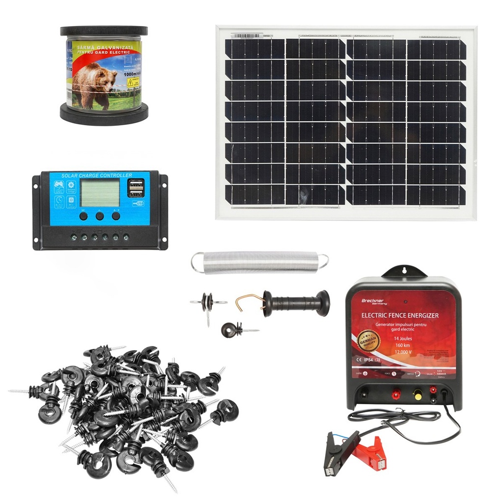 Kit complet gard electric 12V, 14 Joule sarma 1000m cu panou solar 20W si 100 izolatori