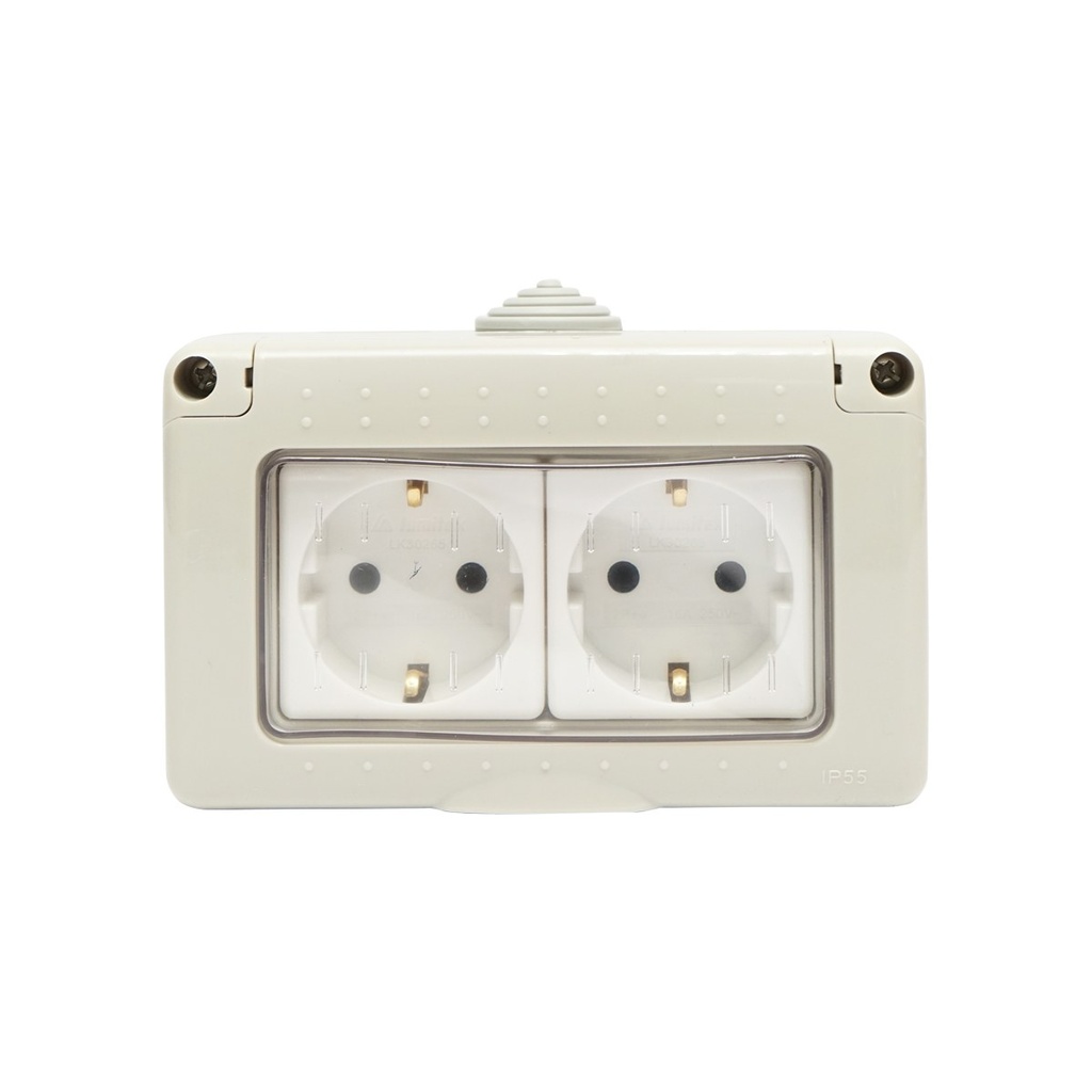 Priza schuko dubla aplicata PT IP55, 16A, 250V cu impamantare si protectie