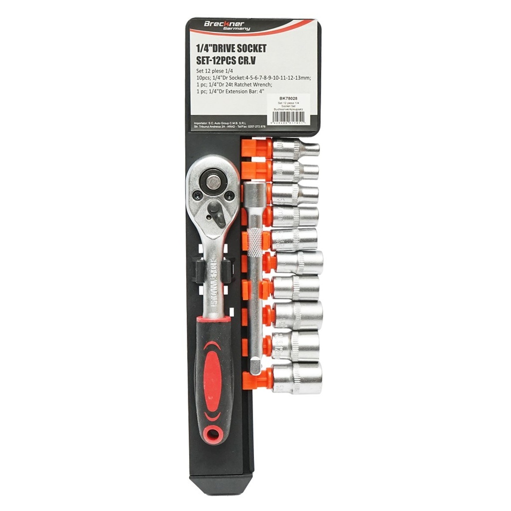 Set clichet reversibil 1/4 cu 10 tubulare si extensie Cr-V