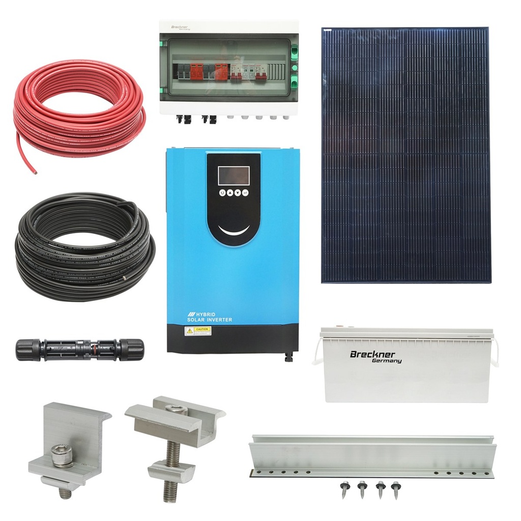 Sistem solar fotovoltaic 5KW. cu invertor 6.2KW Hybrid, OFF-GRID 220V, panouri LONGI 410W si baterii de 200AH cu sistem prinderi acoperis tabla