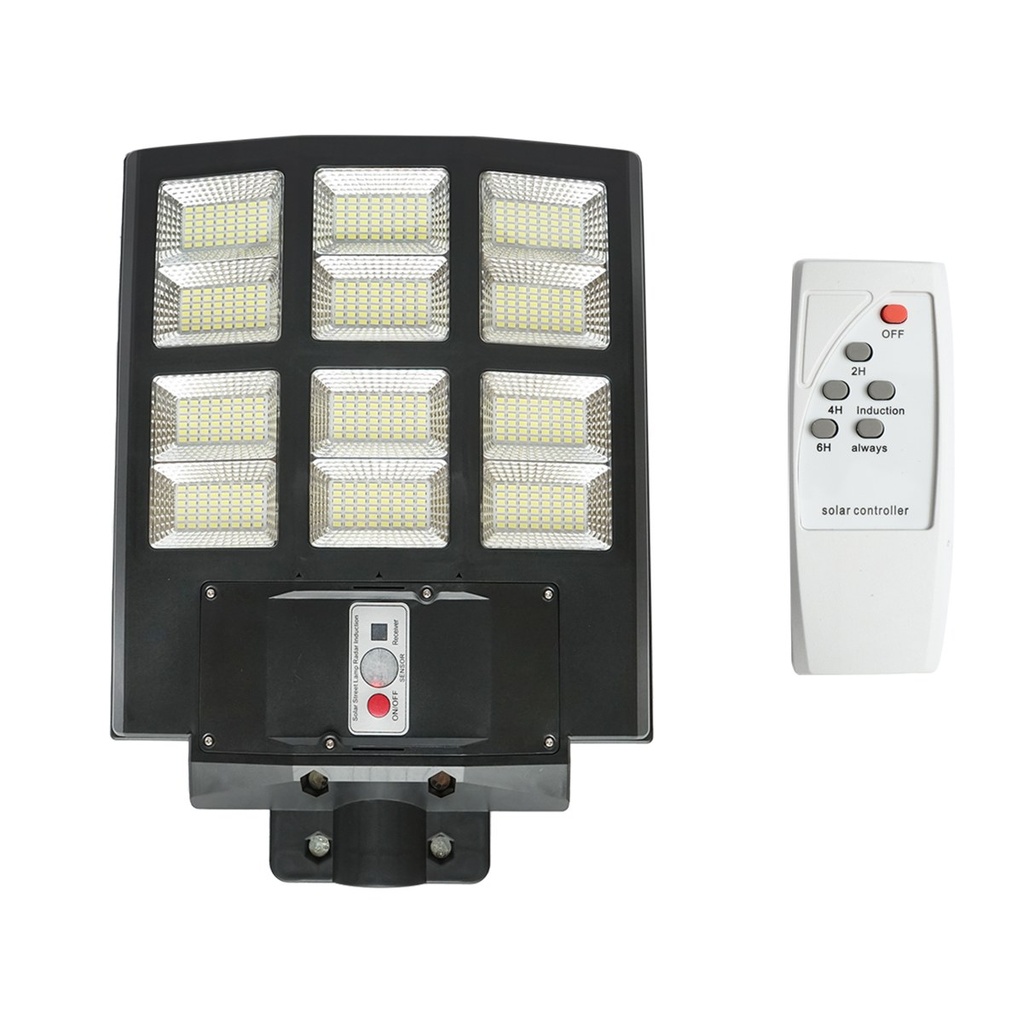 Lampa solara LED 600W cu panou solar 18W, baterie LiFePO4 3.2V/15Ah, 6500K, 2090lm, senzor de miscare, telecomanda IP65