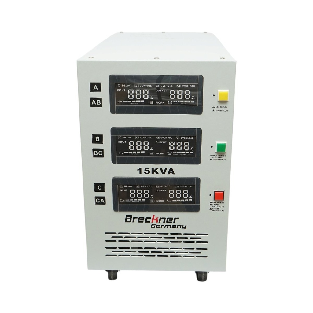 Stabilizator automat de tensiune 15KVA trifazat cu servomotor bypass, afisaj LCD