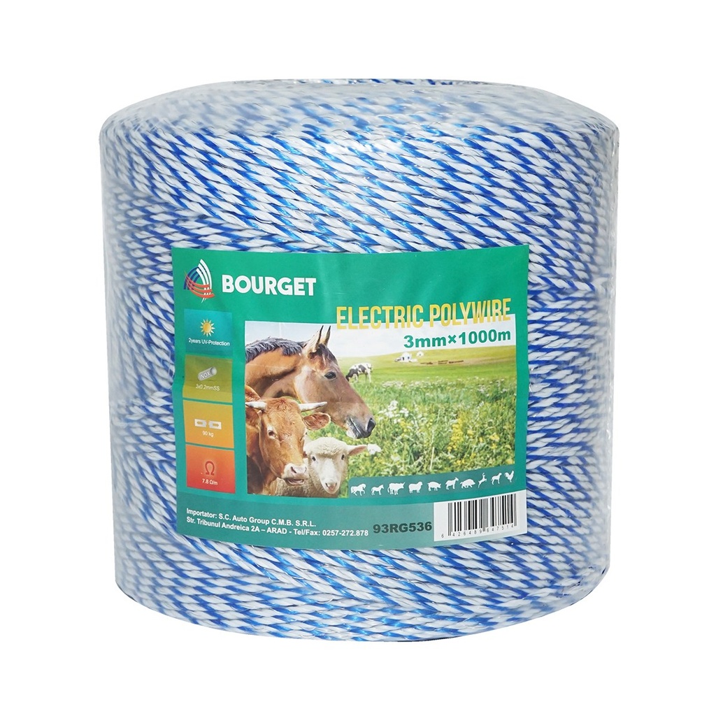 Rola fir alb-albastru fi 3mm 3x0.2mm SS, 1000m gard electric, rezistenta 7.8 Ohm Bourget