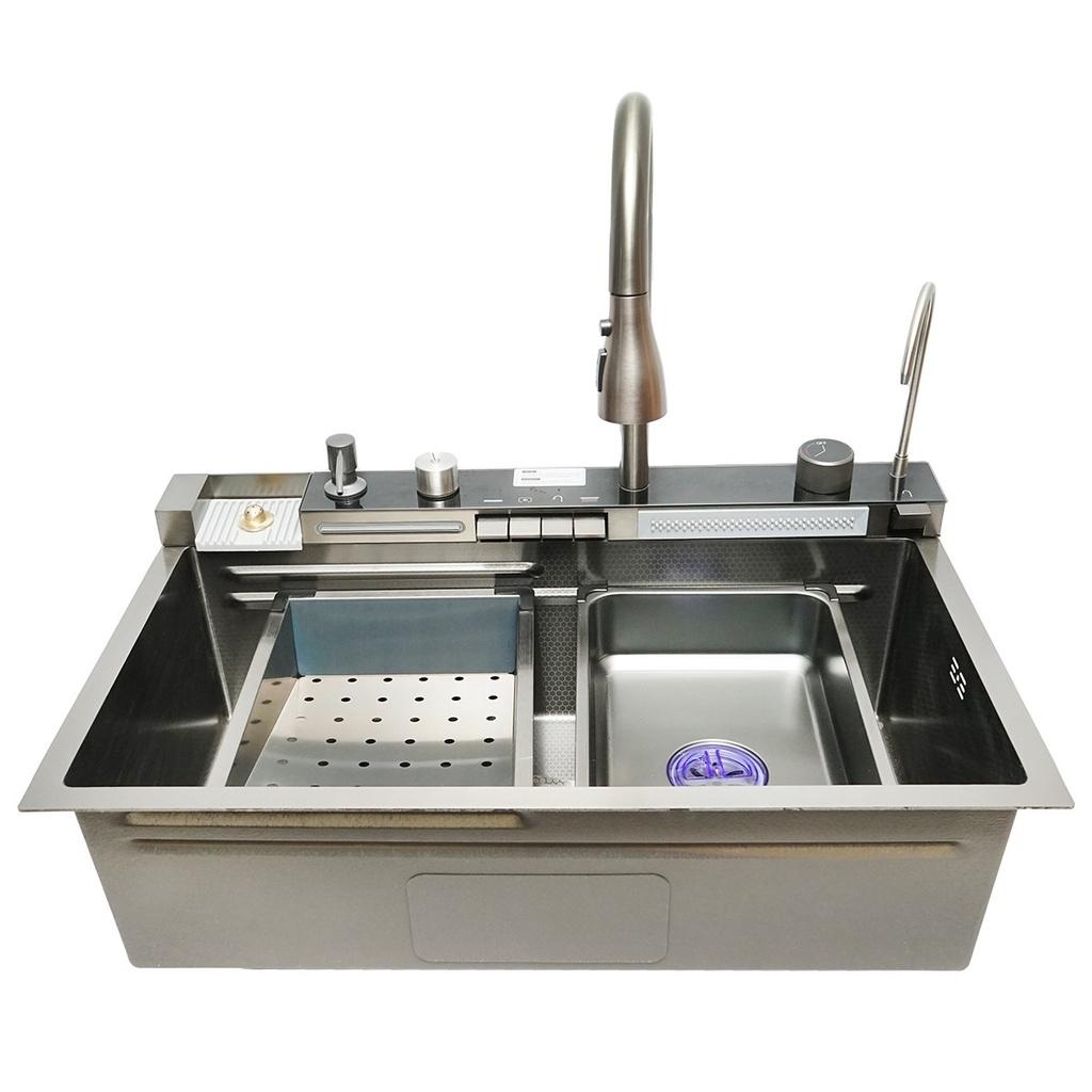 Chiuveta bucatarie multifunctionala din otel inoxidabil cu 2 cascade, afisaj digital temperatura, functie cascada, dozator sapun, spalator pahare, scurgator, tava, tocator si