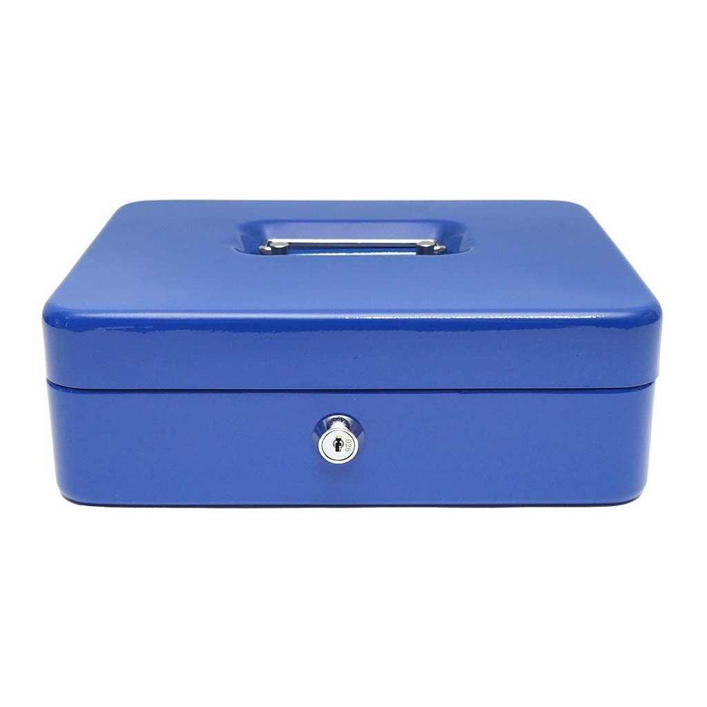 Caseta metalica pentru pentru bani cu incuietoare si 2 chei albastra 250x200x90mm