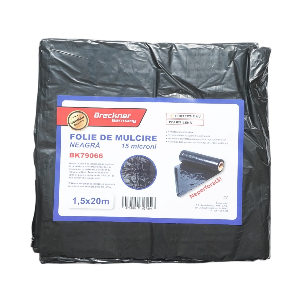 Set 10 folii mulcire anti buruieni 1.5x20m, 15 microni, neagra neperforata, protectie UV
