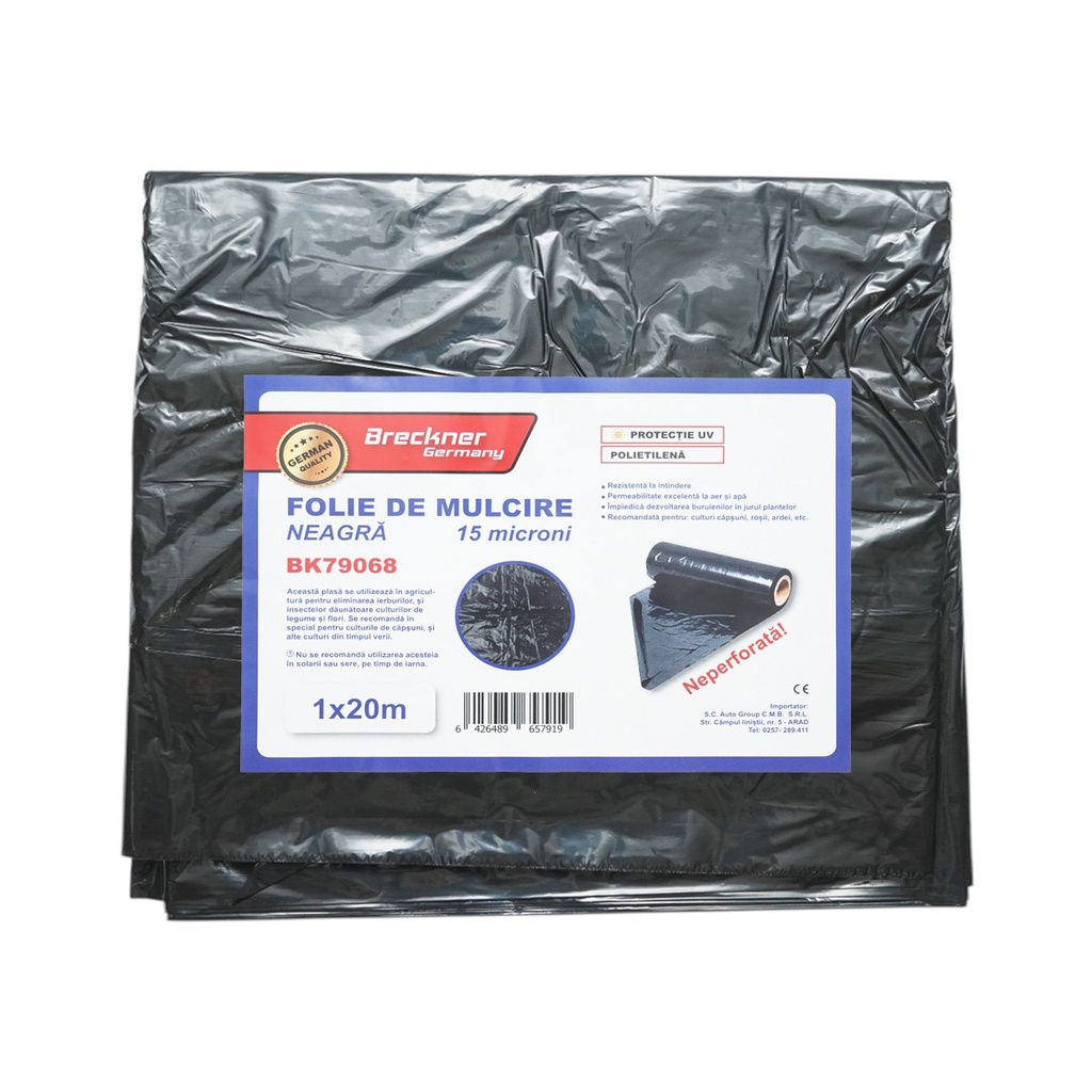 Set 10 folii mulcire anti buruieni 1x20m, 15 microni, neagra neperforata, protectie UV