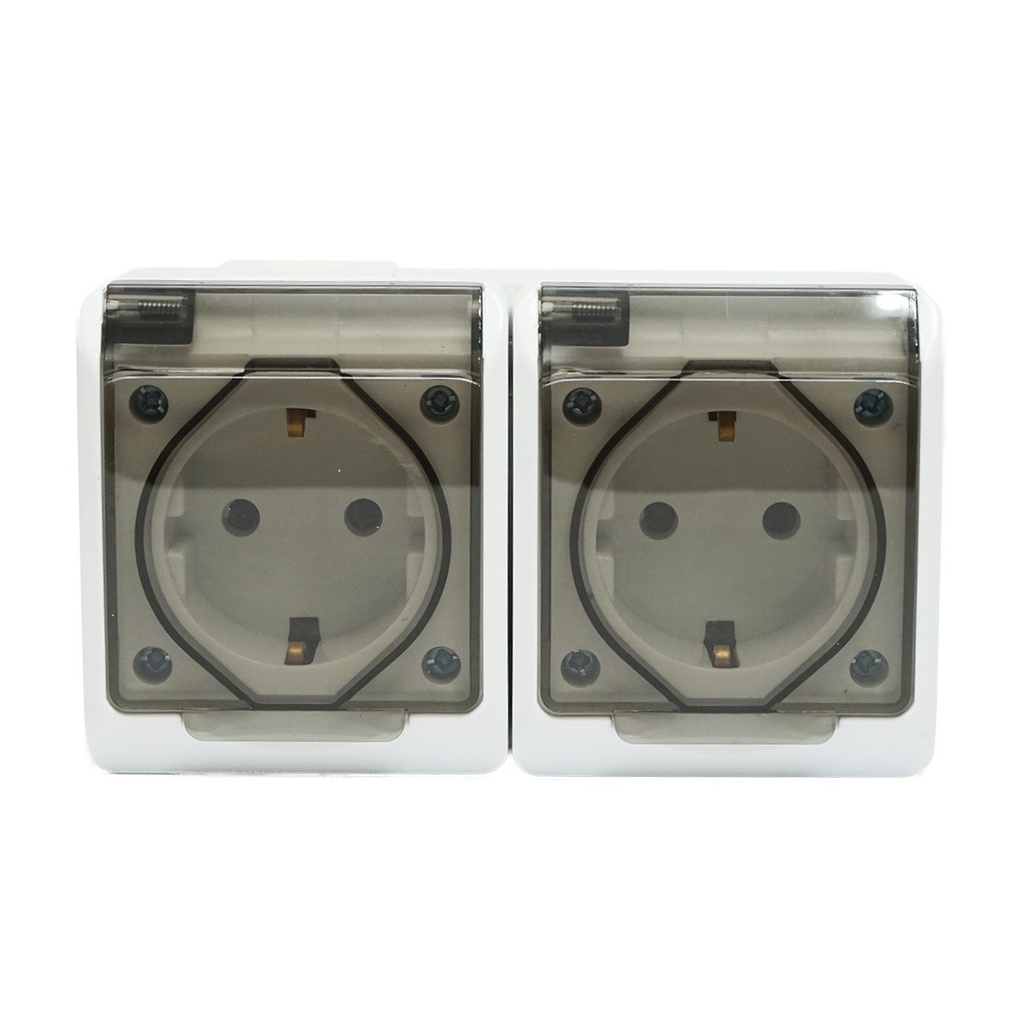 Priza dubla aplicata PT 16A, 250V contact de protectie si capac transparent IP44
