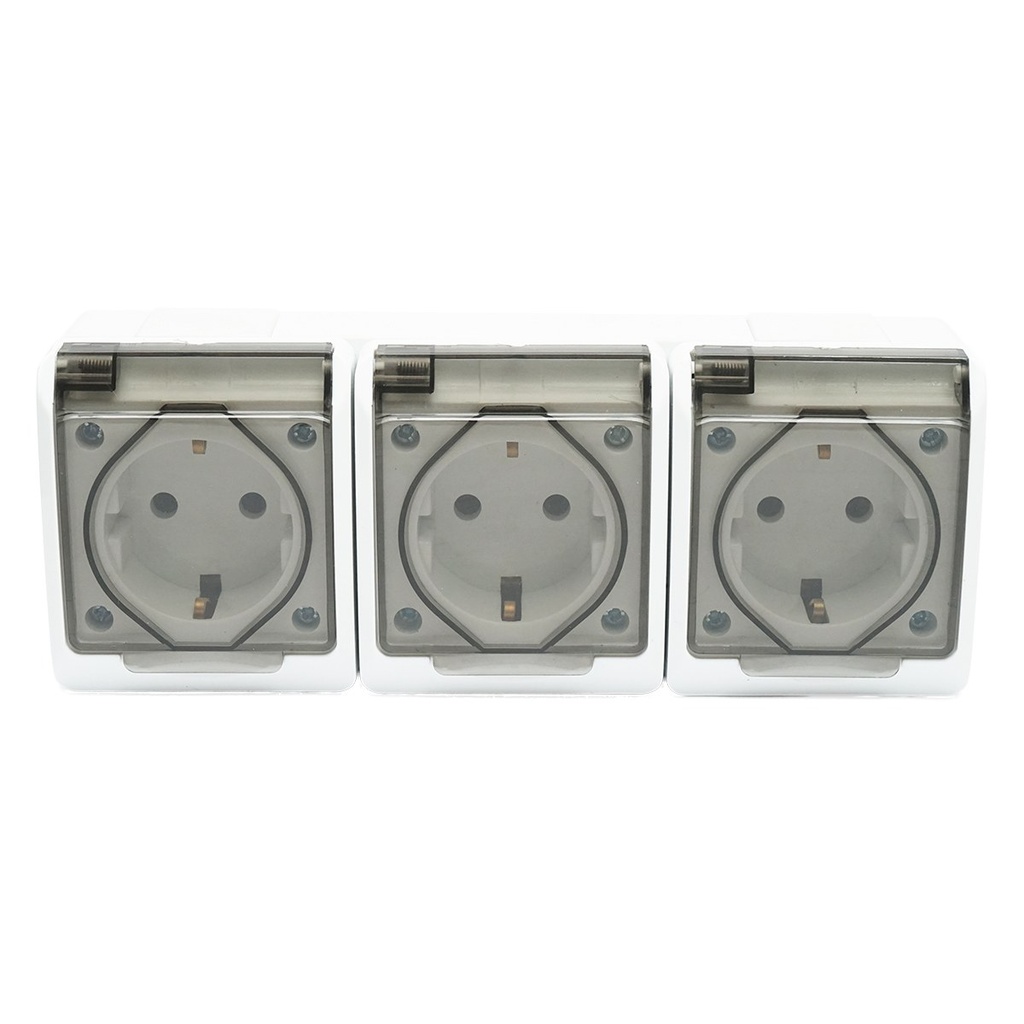 Priza tripla aplicata PT 16A, 250V contact de protectie si capac transparent IP44
