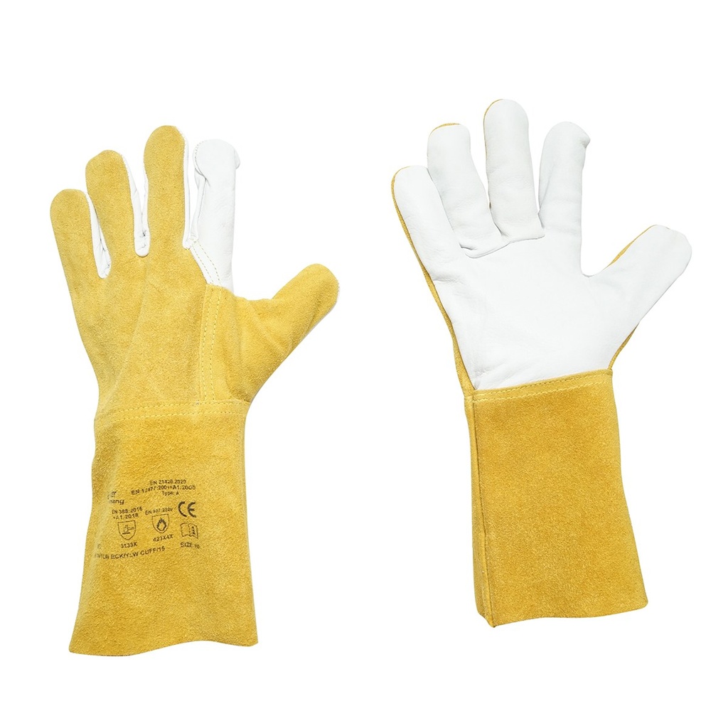 Manusi de sudura din piele cu captuseala, manseta protectie 15cm galben-alb marimea 10