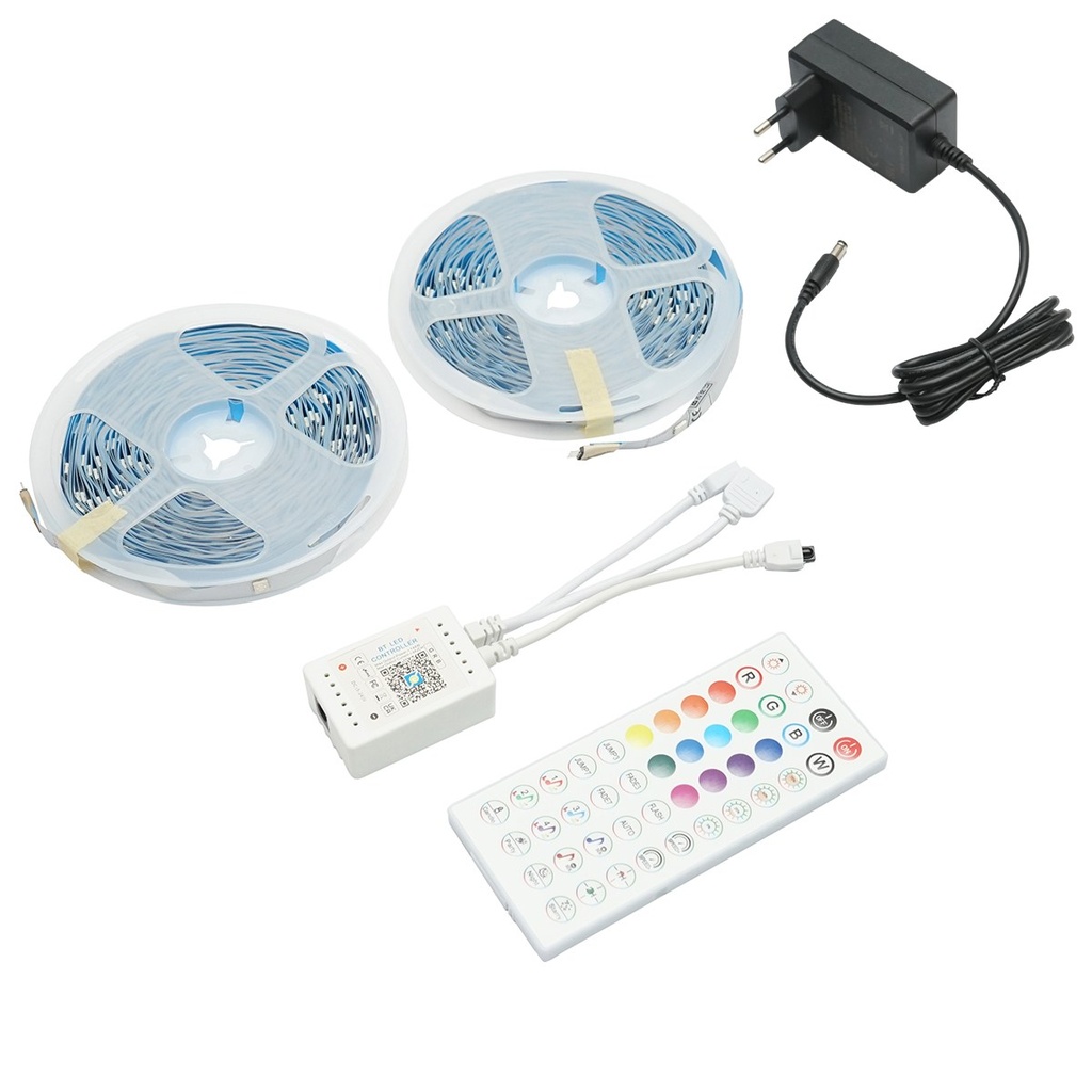 Banda LED smart 2x15m, 24V cu telecomanda, control vocal, bluetooth, aplicatie USB, 30m RGB IP20
