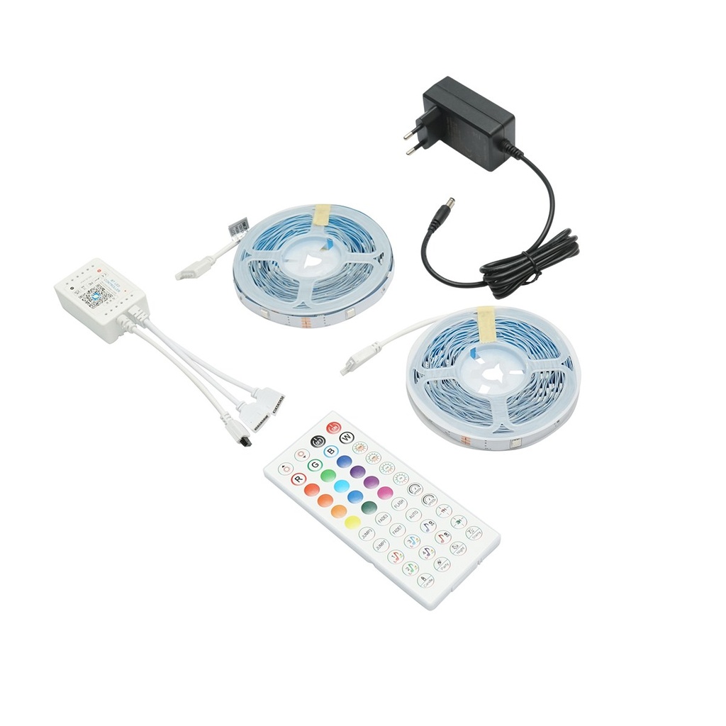 Banda LED smart 2x10m, 12V cu telecomanda, control vocal, bluetooth, aplicatie USB, 20m RGB