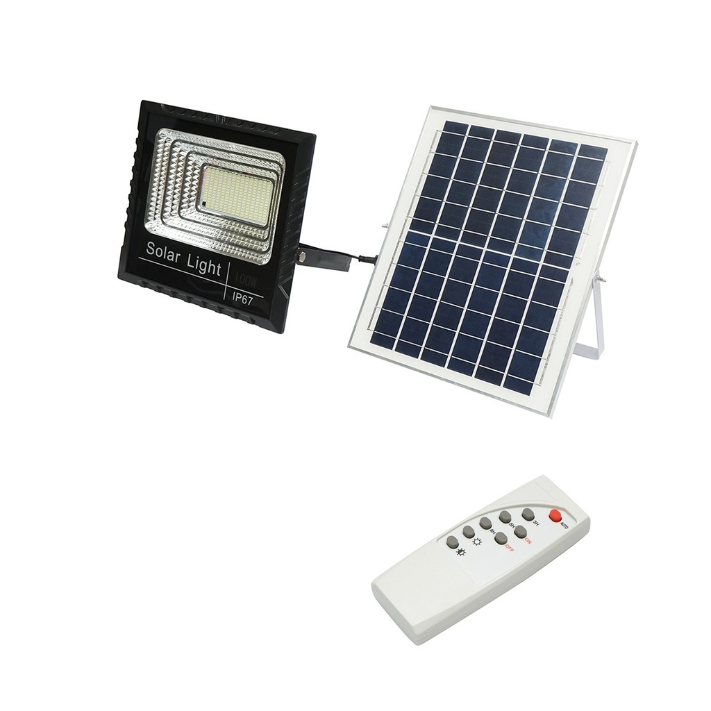 Proiector LED 100W cu panou solar 15W, baterie Li-ion 1800mAh si telecomanda IP67