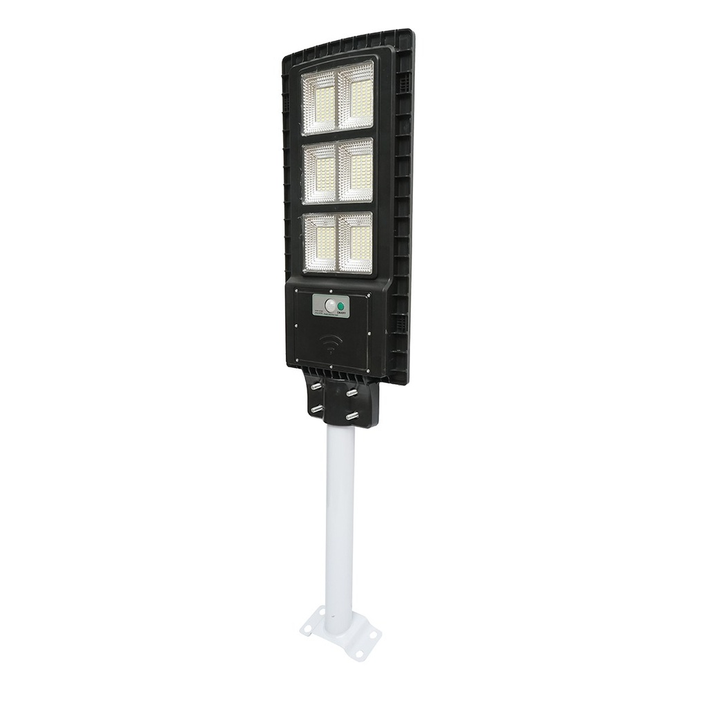 Lampa solara LED iluminat stradal 150W 6500K cu panou solar 12W, baterie 15000mAh, prindere pe stalp IP65