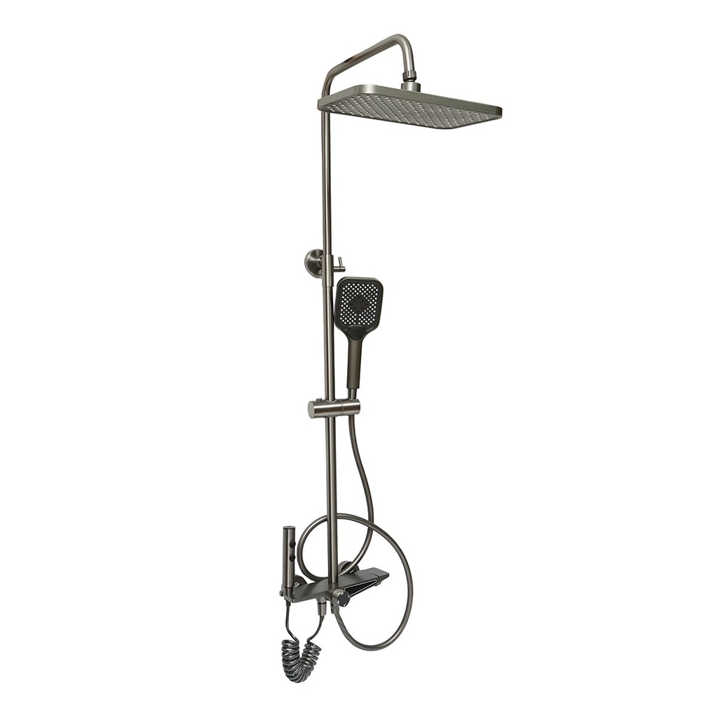 Set dus multifunctional cu termostat, afisaj digital temperatura apa, 4 functii de curgere a apei, pipa cada, dus dreptunghiular, dus de mana, dus bideu, gri