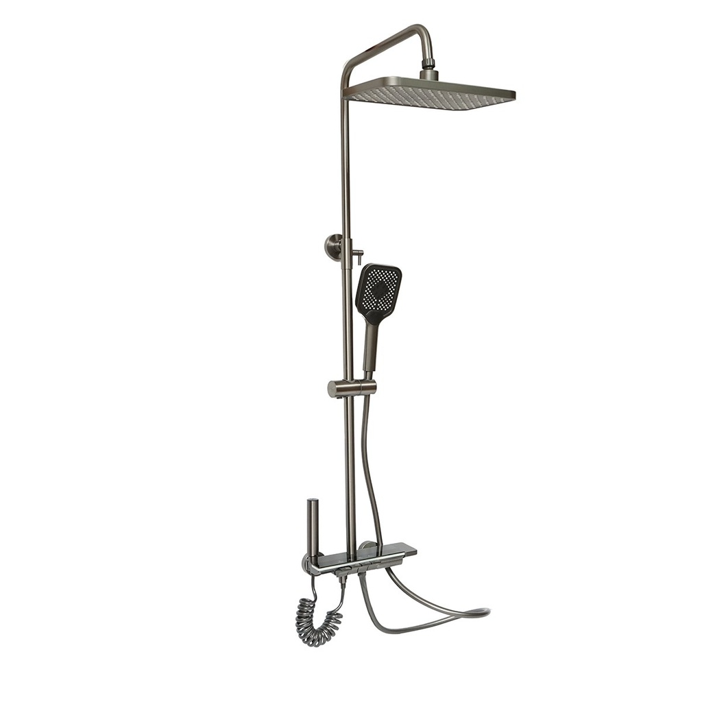 Set dus multifunctional cu termostat, afisaj digital temperatura apa, 4 functii de curgere a apei, pipa cada, dus dreptunghiular, dus de mana, dus bideu, gri