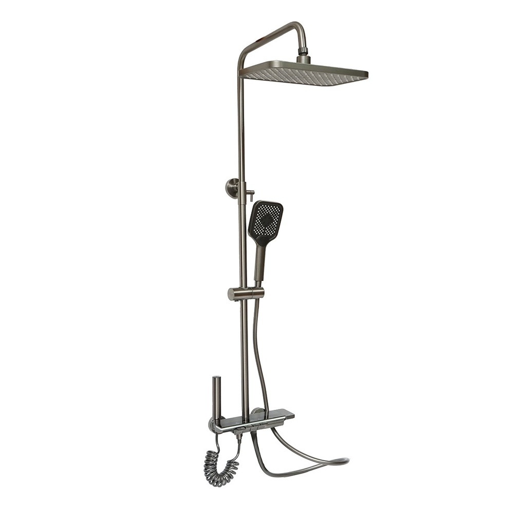 Set dus multifunctional cu termostat, afisaj digital temperatura apa, 4 functii de curgere a apei, pipa cada, dus dreptunghiular, dus de mana, dus bideu, gri