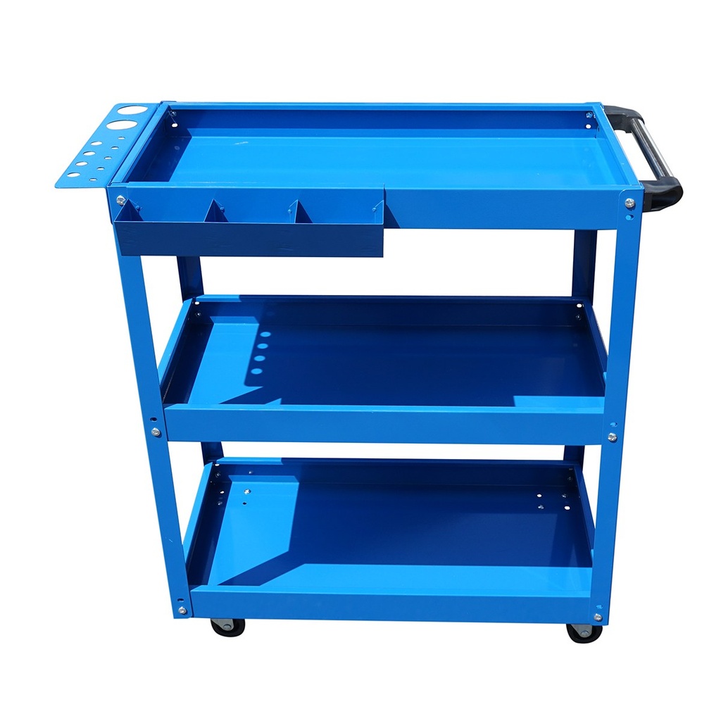 Carucior scule metalic pe roti cu 3 rafturi, compartimente piese si suporturi perforate 660x360x730mm