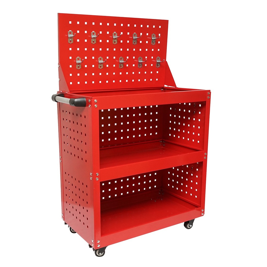 Carucior scule metalic pe roti cu 3 rafturi si panou perforat cu suporti unelte 660x360x1080mm