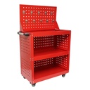 Carucior scule metalic pe roti cu 3 rafturi si panou perforat cu suporti unelte 660x360x1080mm