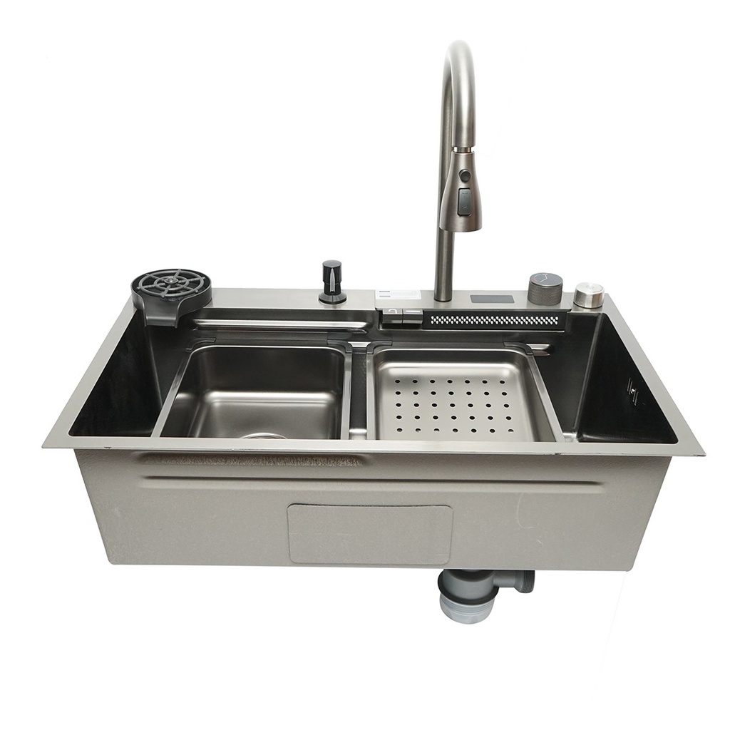 Chiuveta bucatarie multifunctionala din otel inoxidabil cu afisaj digital temperatura, functie cascada, spalator pahare, dozator sapun, scurgator, tava, tocator si accesorii