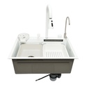 Chiuveta bucatarie multifunctionala din otel inoxidabil cu doua baterii, functie cascada, spalator pahare, dozator sapun, scurgator, tava, tocator si accesorii scurgere incluse,