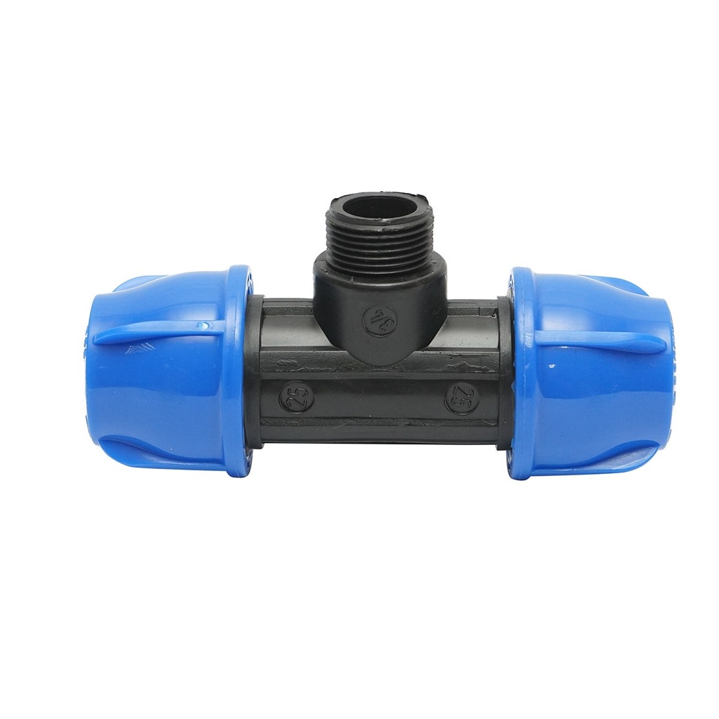 Teu compresiune cu filet exterior tata 90 grade D25x25mmx3/4, PN16 bar pentru sisteme de irigatii